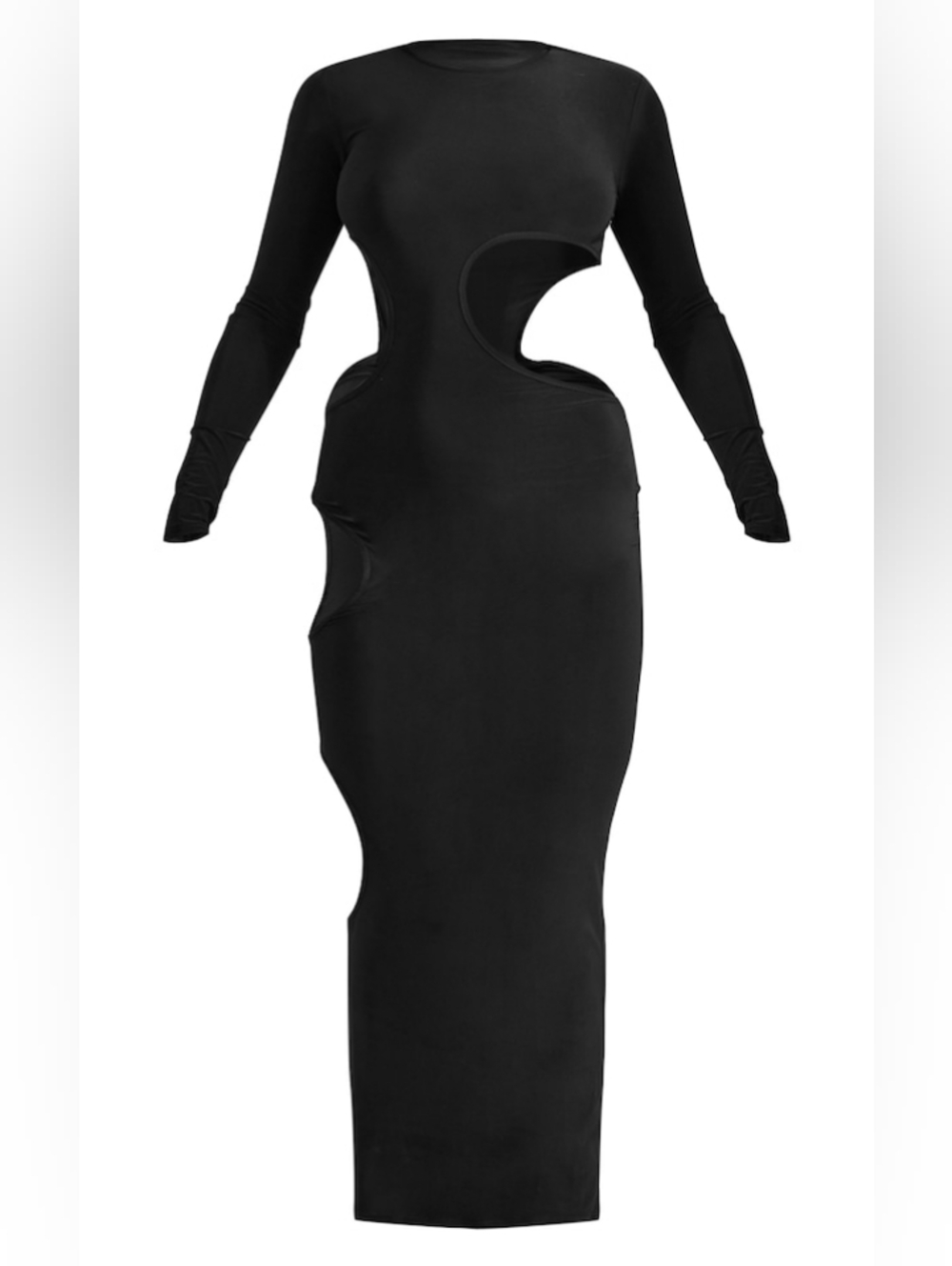 Akira Full Length Long Sleeve Black Maxi Dress - Bodycon Keyhole Side Cut-Outs - Picture 3 of 9